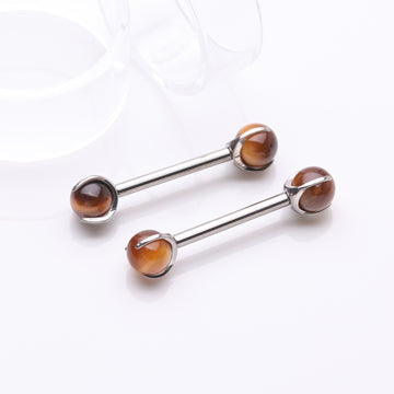 Detail View 1 of A Pair of Implant Grade Titanium Tiger Eye Stone Ball Claw Prong Internally Threaded Nipple Barbell